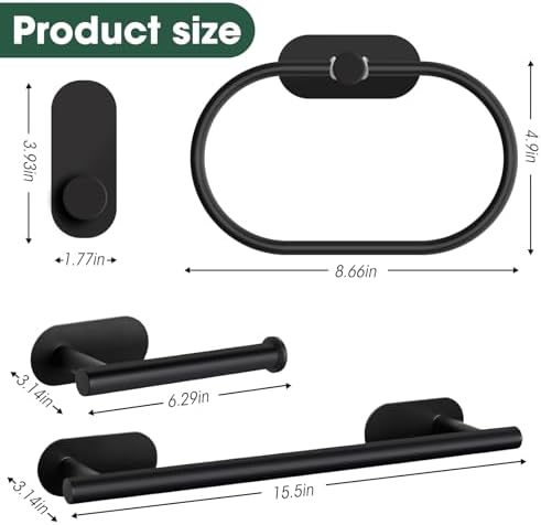 Stainless Steel Bathroom Set Matte Black No-Drill Adhesive