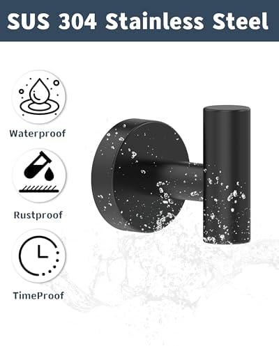 Black 2-Piece Bathroom Towel Hook Set 304 Stainless Steel Durable Wall-Mounted
