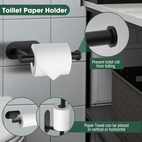 Stainless Steel Bathroom Set Matte Black No-Drill Adhesive