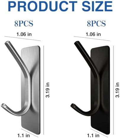MioSeteoor 8pc Stainless Steel ADhesive Towel Hooks for Bathroom - Durable Silver