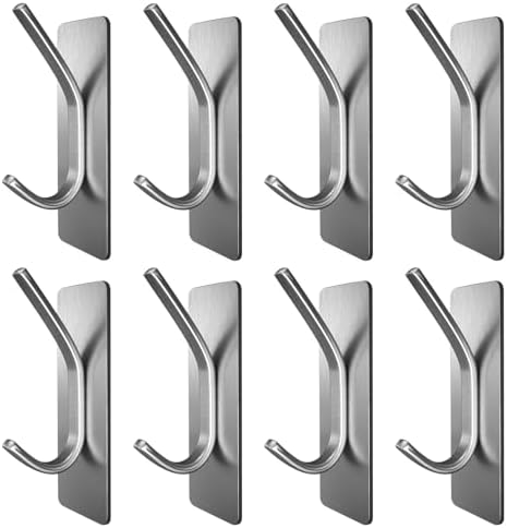 MioSeteoor 8pc Stainless Steel ADhesive Towel Hooks for Bathroom - Durable Silver