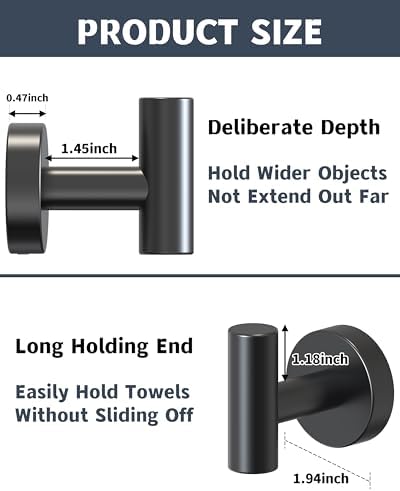 Black 2-Piece Bathroom Towel Hook Set 304 Stainless Steel Durable Wall-Mounted