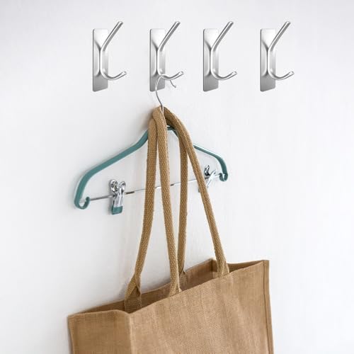 MioSeteoor 8pc Stainless Steel ADhesive Towel Hooks for Bathroom - Durable Silver