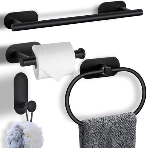 Stainless Steel Bathroom Set Matte Black No-Drill Adhesive