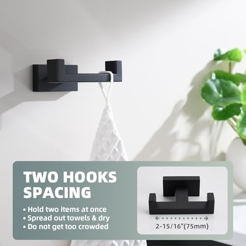 Suyar Matte Black Double Towel Hook SUS 304 Stainless Steel Solid Towel Organizer