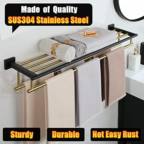 Alise Double Towel Bar Shelf Stainless Steel Gold and Black Bath Organizer