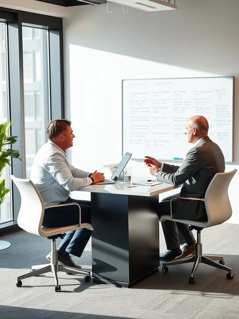 A professional photograph of a consultant advising a client in a modern office setting, emphasizing strategic planning and collaboration.