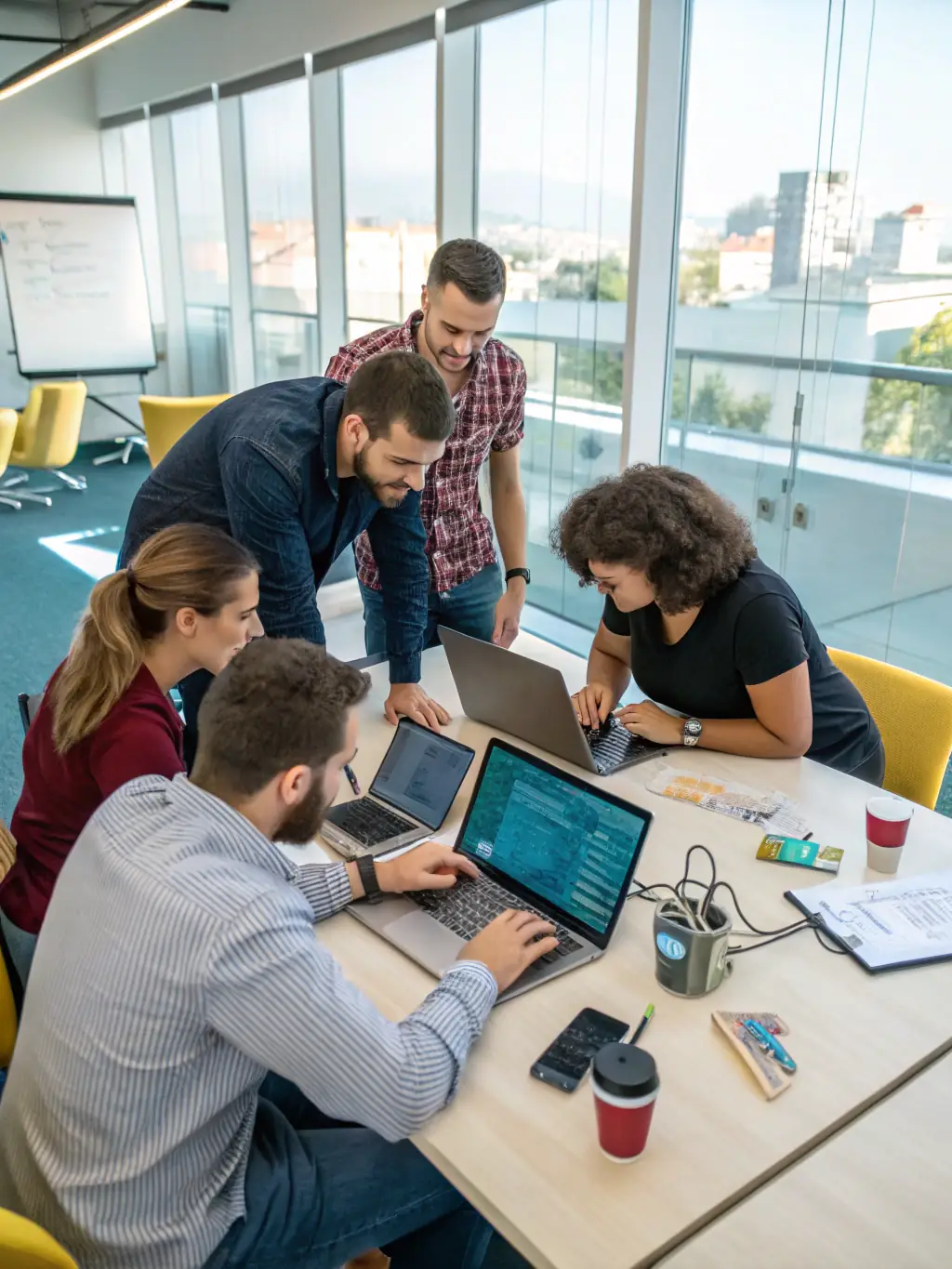 A photograph showcasing a team of IT professionals working on a complex technology project, highlighting seamless integration and support.