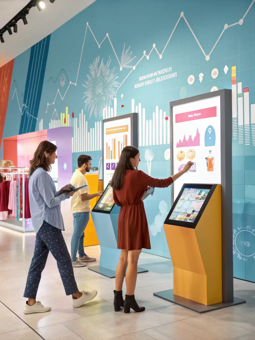 A dynamic image representing digital transformation, showing interconnected devices and data flow in a retail environment.